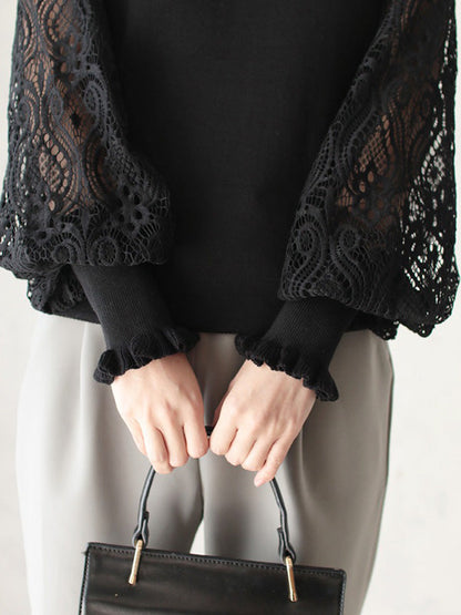 Original Loose Hollow Lace Round-Neck Long Puff Sleeves Sweater Pullovers by migunica