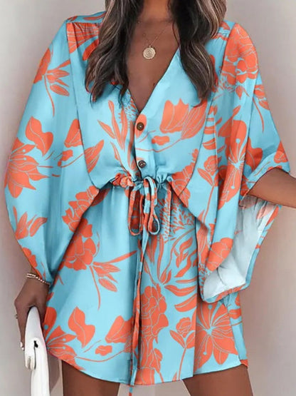 Original Loose Floral Printed Contrast Color Tied Mini Shirt Dress by migunica