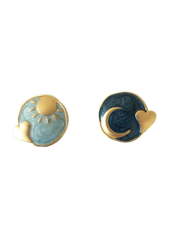 Vintage Asymmetric Sun Moon Shape  Earrings by migunica