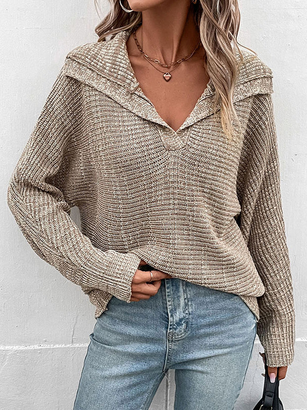 Casual Loose Long Sleeves Solid Color Lapel Collar Sweater Tops by migunica