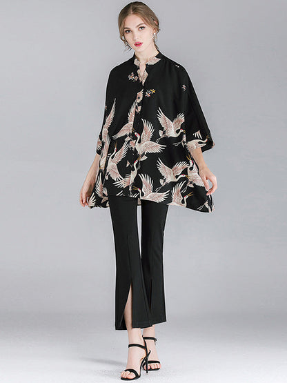 Original Crane Printed Buttoned Stand Collar Half Sleeves Blouse by migunica