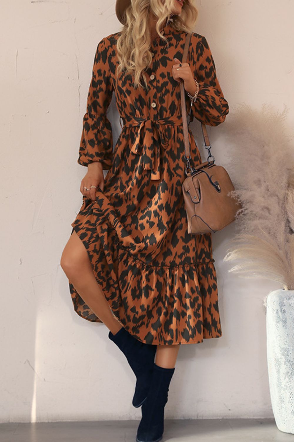 Printed Bubble Sleeve Buttoned Shirt Dress by BlakWardrob