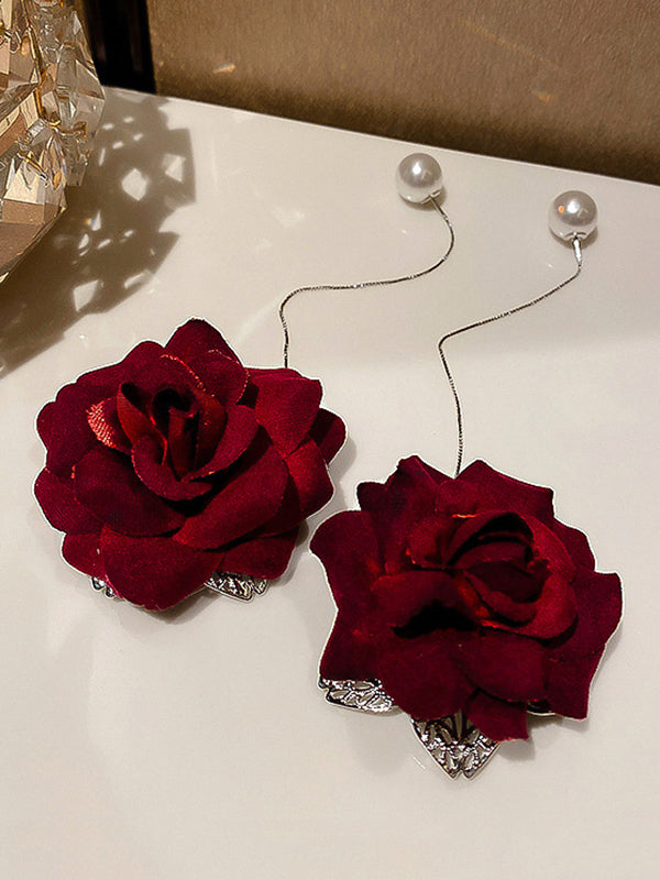 Vintage Red Rose Floral Pearl Earrings Accessories by migunica