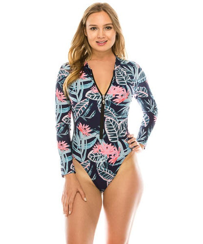 ONE PIECE LONG SLEEVE LEAF PRINT SWIMSUIT