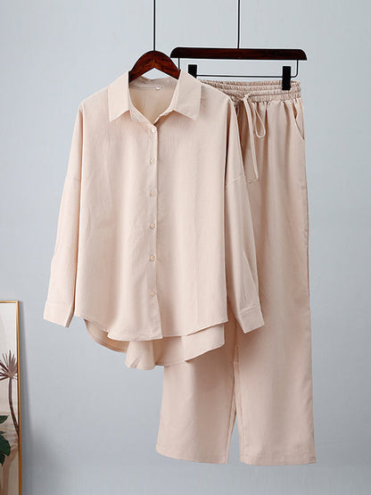 Solid Color High-Low Long Sleeves Lapel Blouses + Drawstring Pants Two Pieces Set by migunica