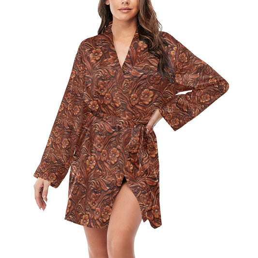 Tooled Leather Print Women's Long Sleeve Belted Satin Feel Dressing Lounge Robe by Baha Ranch Western Wear