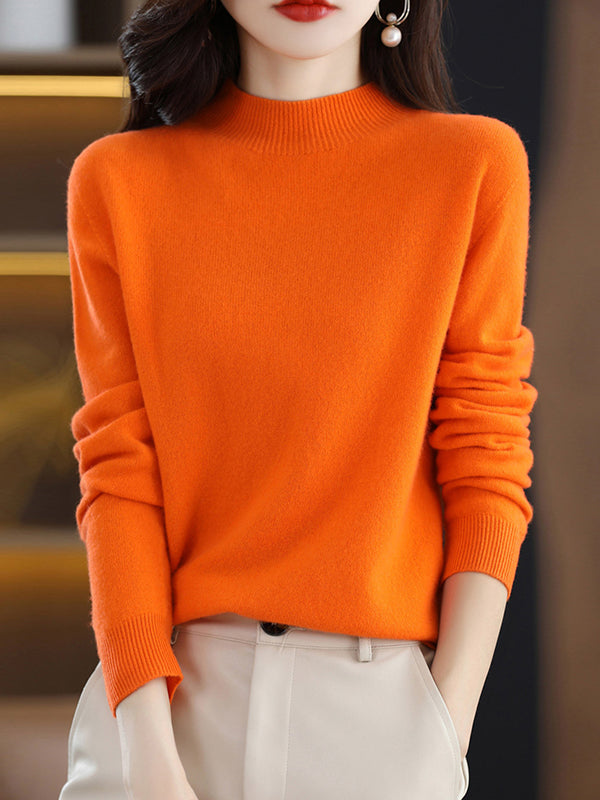 Office Long Sleeves Solid Color High-Neck Sweater Tops Pullovers by migunica