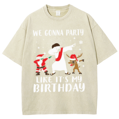 We Gonna Party Unisex Oversized Print Vintage Wash Denim T-Shirt by migunica