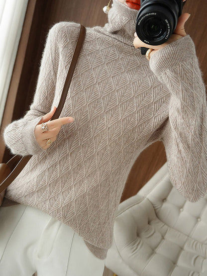 Solid Color Long Sleeves High-Neck Sweater Tops by migunica