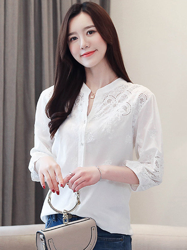 Vintage Half Sleeves Hollow Embroidered White Blouse by migunica