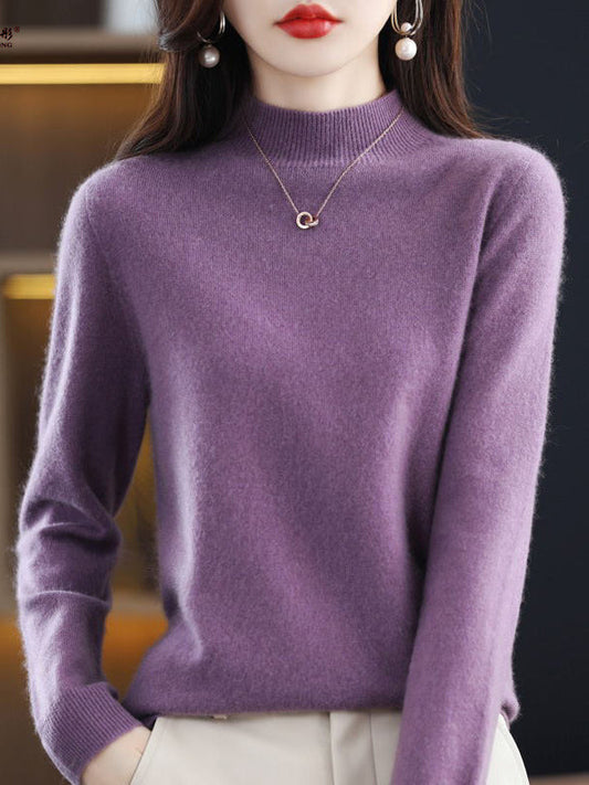 Office Long Sleeves Solid Color High-Neck Sweater Tops Pullovers by migunica