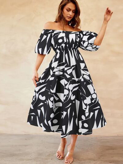 Printed Off-Shoulder Balloon Sleeve Dress by BlakWardrob