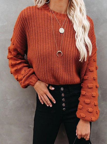 Trendy Tops Puff Sleeves Loose Solid Color Round-Neck Sweater Tops by migunica