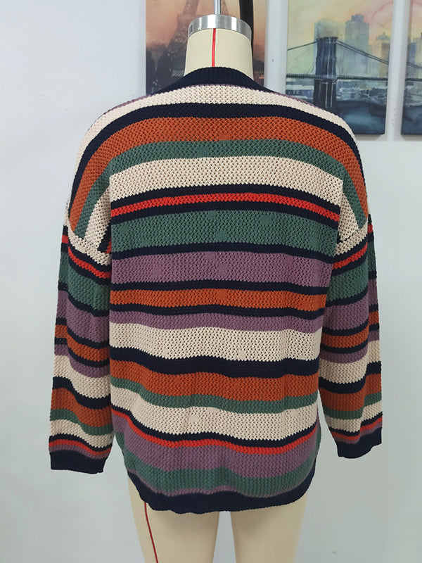 Original Long Sleeves Loose Contrast Color Striped Round-Neck Sweater Tops by migunica