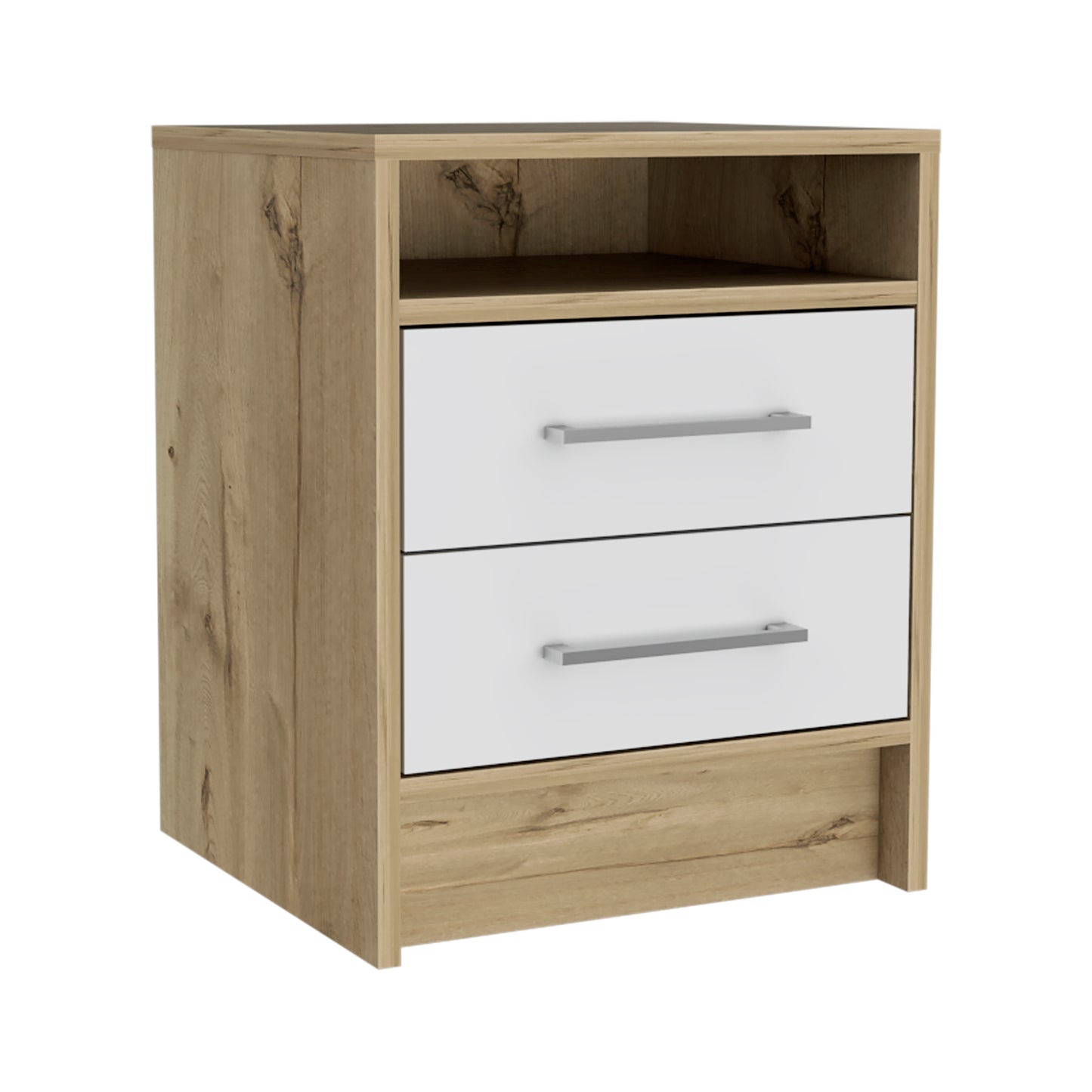 Nightstand Cartiz, Two Drawers, White / Light Oak Finish