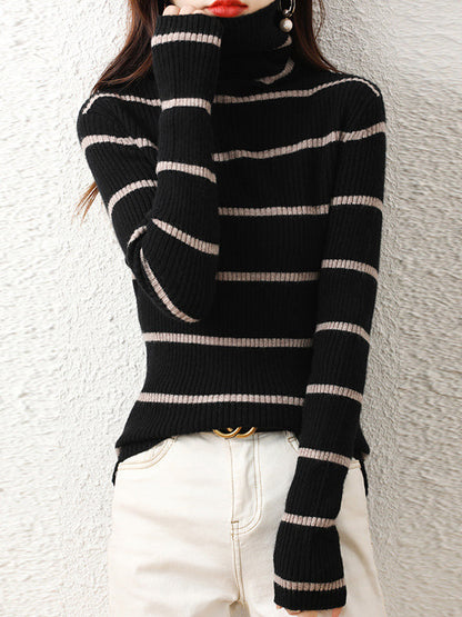 Urban Skinny Striped High-Neck Sweater Tops by migunica