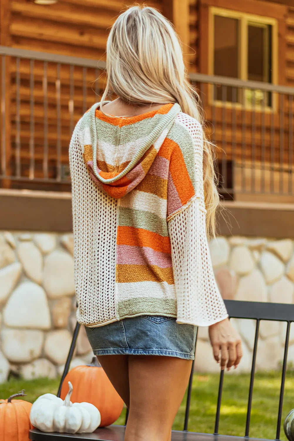 Openwork Color Block Hooded Sweater