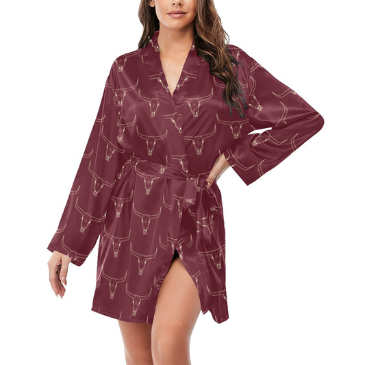 Burgandy Longhorn Women's Belted Satin Feel Dressing Lounge Robe by Baha Ranch Western Wear