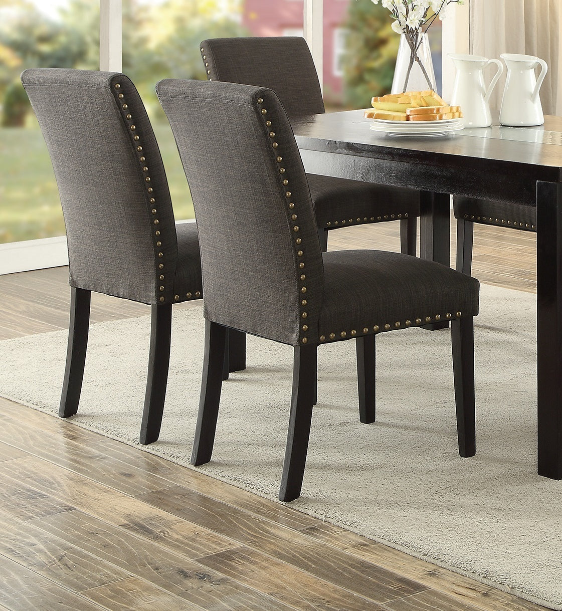 Dining Room Chairs Ash Black Polyfiber Nail heads Parson Style Set of 2 Side Chairs Dining Room Furniture