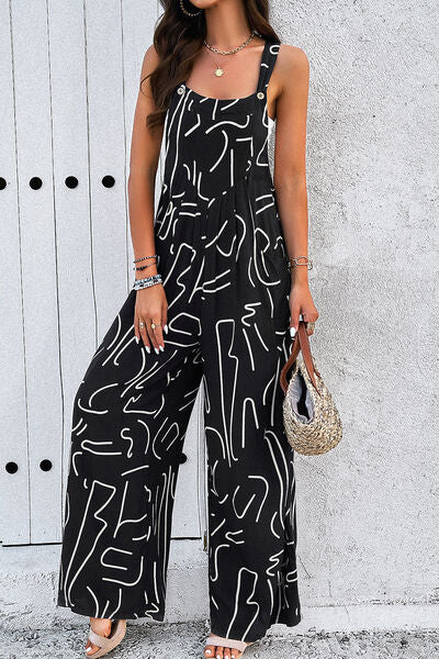 Printed Wide Strap Jumpsuit with Pockets by migunica