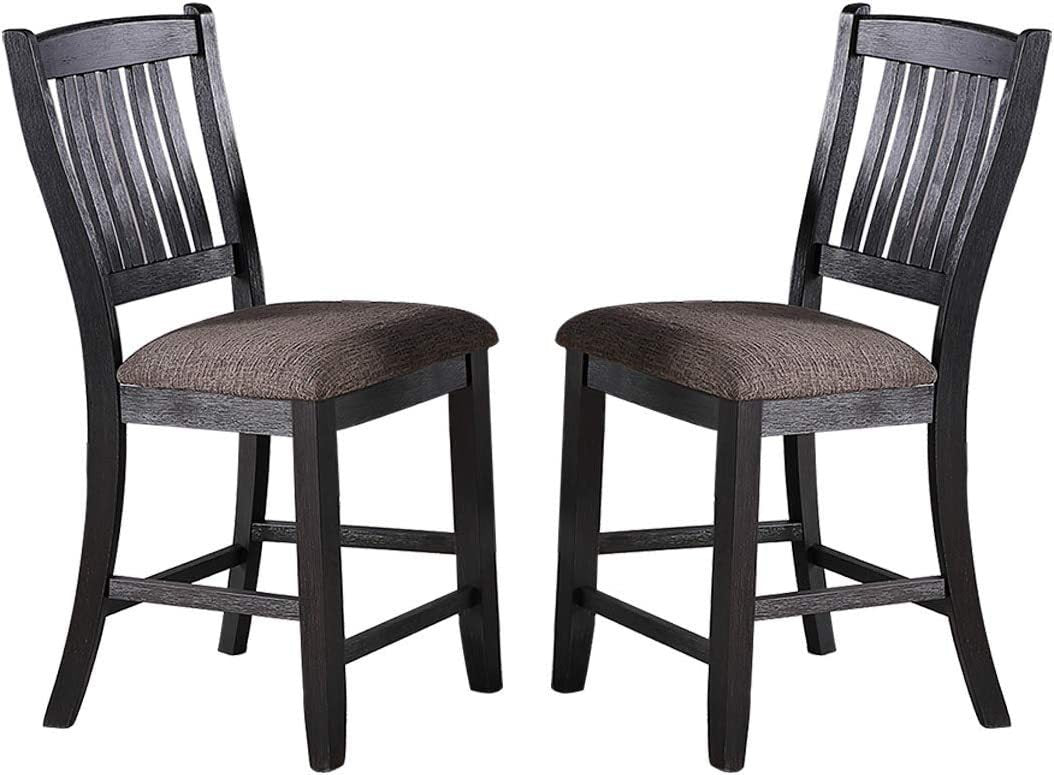 Dark Coffee Classic Wood Kitchen Dining Room Set of 2 High Chairs Fabric upholstered Seat Unique Design Back Counter Height Chairs