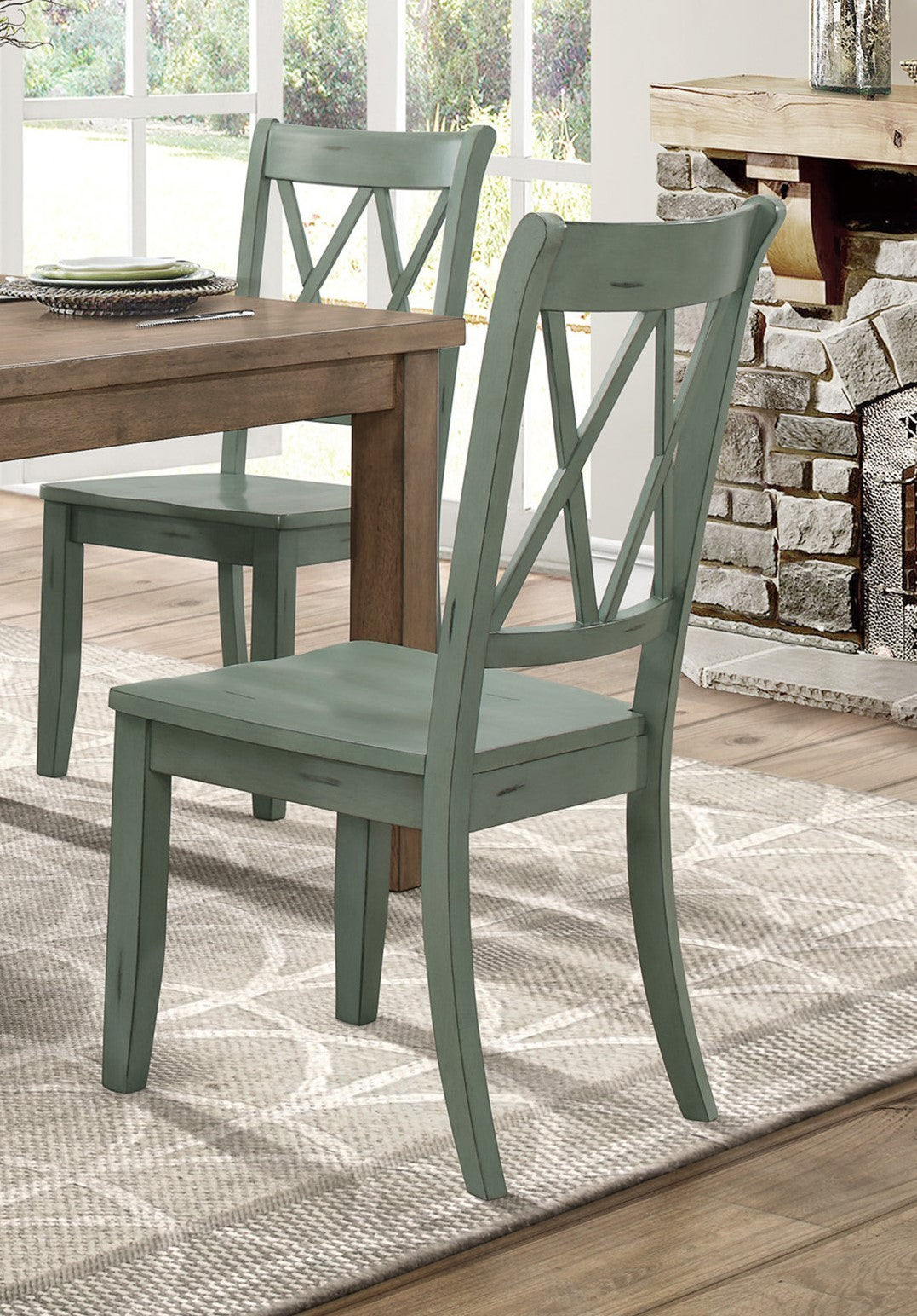 Casual Teal Finish Side Chairs Set of 2 Pine Veneer Transitional Double-X Back Design Dining Room Furniture