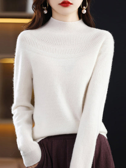 Office Raglan Sleeve Hollow Solid Color High-Neck Sweater Tops by migunica