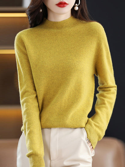 Office Long Sleeves Solid Color High-Neck Sweater Tops Pullovers by migunica