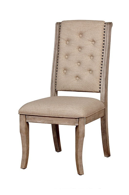 Natural Rustic Tone Set of 2 Dining Chairs Beige Fabric Tufted back Chairs Nailhead trim Upholstered Seat Glam Transitional