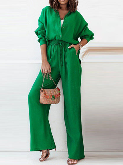 Solid Color High-Low Long Sleeves Lapel Blouses + Drawstring Pants Two Pieces Set by migunica