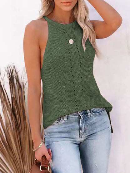 Loose Sleeveless Hollow Solid Color Spaghetti-Neck Vest Top by migunica