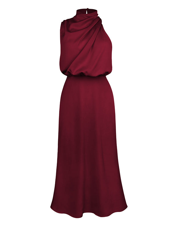 Sleeveless Solid Color Halter-Neck Midi Dresses by migunica