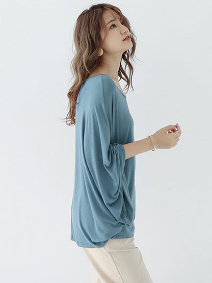 Vintage Loose Round-Neck Batwing Sleeves Shirts by migunica