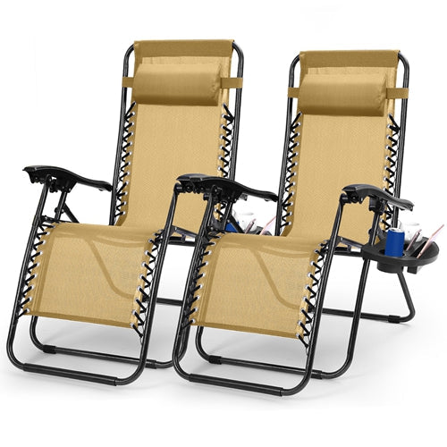 2Packs Zero Gravity Lounge Chair w/ Dual Side Tray 330lbs Load Foldable Recliner Chair w/ Stress Relief Pillow Patio Poolside Beach Lying Chair - Tan by VYSN