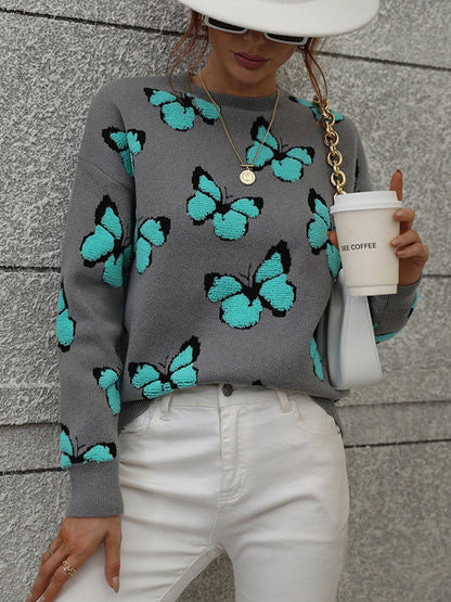 Original Long Sleeves Loose Butterfly Print Contrast Color Round-Neck Sweater Tops by migunica