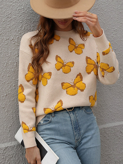 Original Long Sleeves Loose Butterfly Print Contrast Color Round-Neck Sweater Tops by migunica