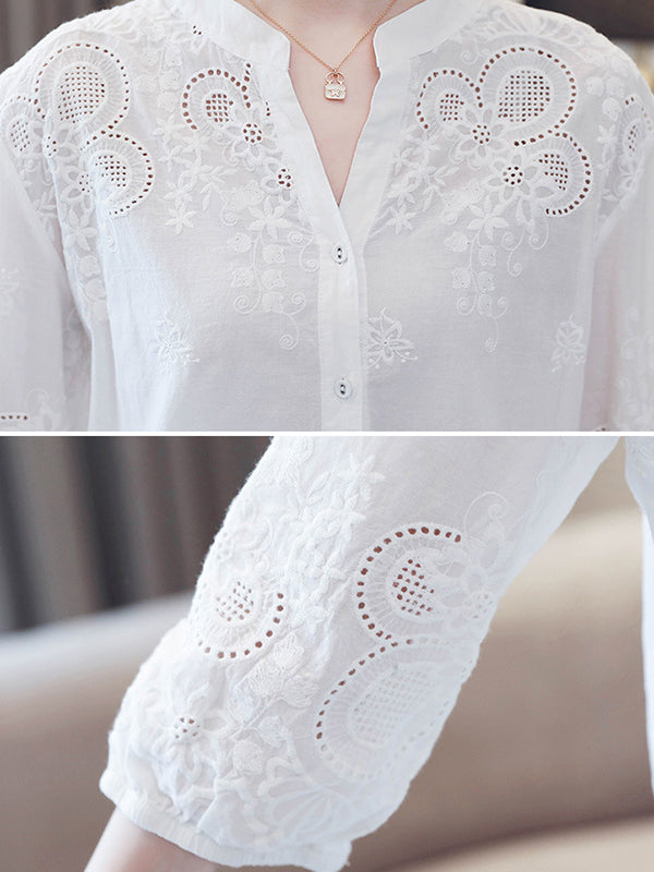 Vintage Half Sleeves Hollow Embroidered White Blouse by migunica