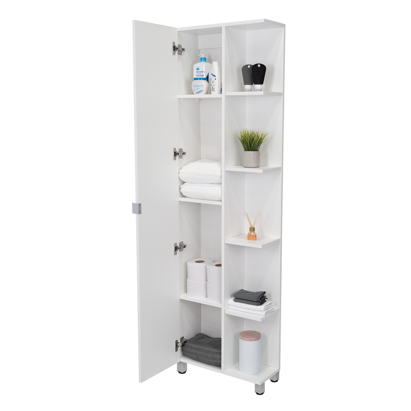 Corner Cabinet Womppi, Five Open Shelves, Single Door, White Finish