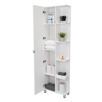 Corner Cabinet Womppi, Five Open Shelves, Single Door, White Finish