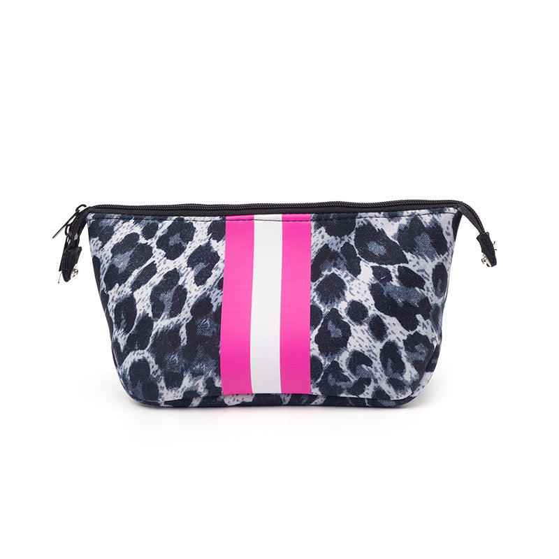 The Maria Neoprene Cosmetic Bag - Snow Leopard with Pink Stripe by Babs+Birdie