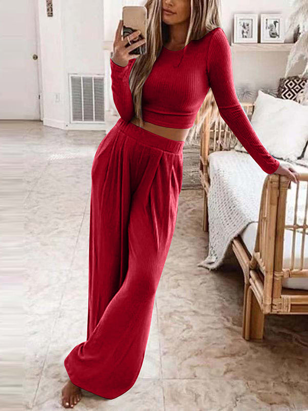 Plus Size Solid Color Round-Neck Long Sleeves Shirts Top + Pants Bottom Two Pieces Set by migunica