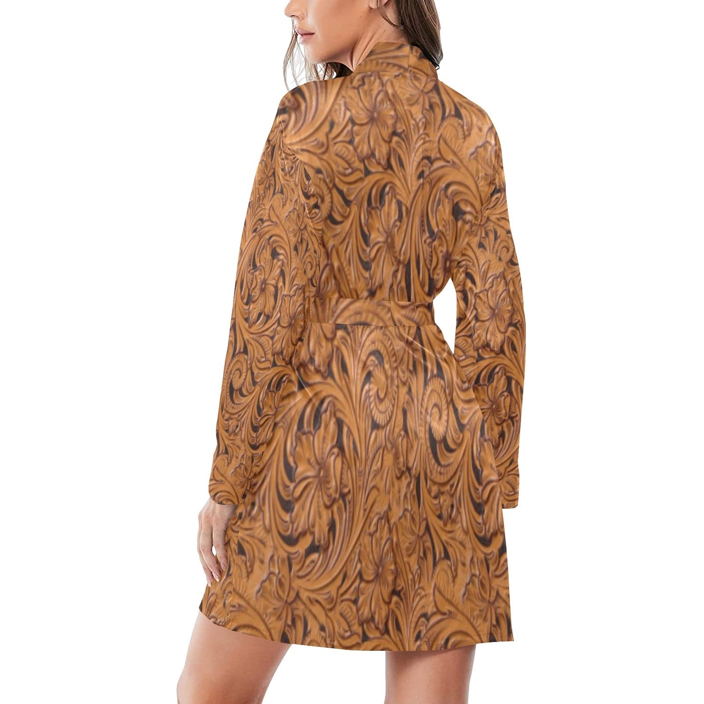 Tooled Leather Print Bronc Women's Long Sleeve Belted Satin Feel Dressing Lounge Robe by Baha Ranch Western Wear