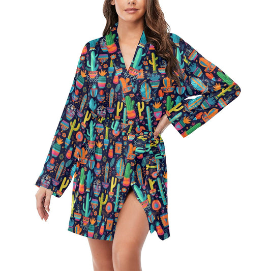 Crazy Cactus Lady Women's Long Sleeve Belted Satin Feel Dressing Lounge Robe by Baha Ranch Western Wear