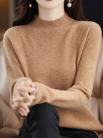 Office Long Sleeves Solid Color High-Neck Sweater Tops Pullovers by migunica