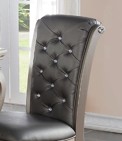 Luxury Antique Silver Wooden Set of 2 Dining Side Chairs Grey Faux Leather / PU Tufted Upholstered Cushion Chairs