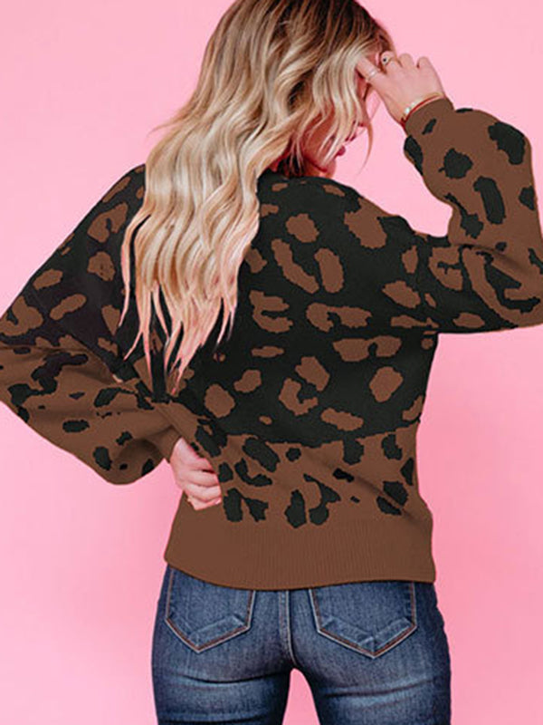 Urban Puff Sleeves Leopard Two-Tone Round-Neck Sweater Tops by migunica