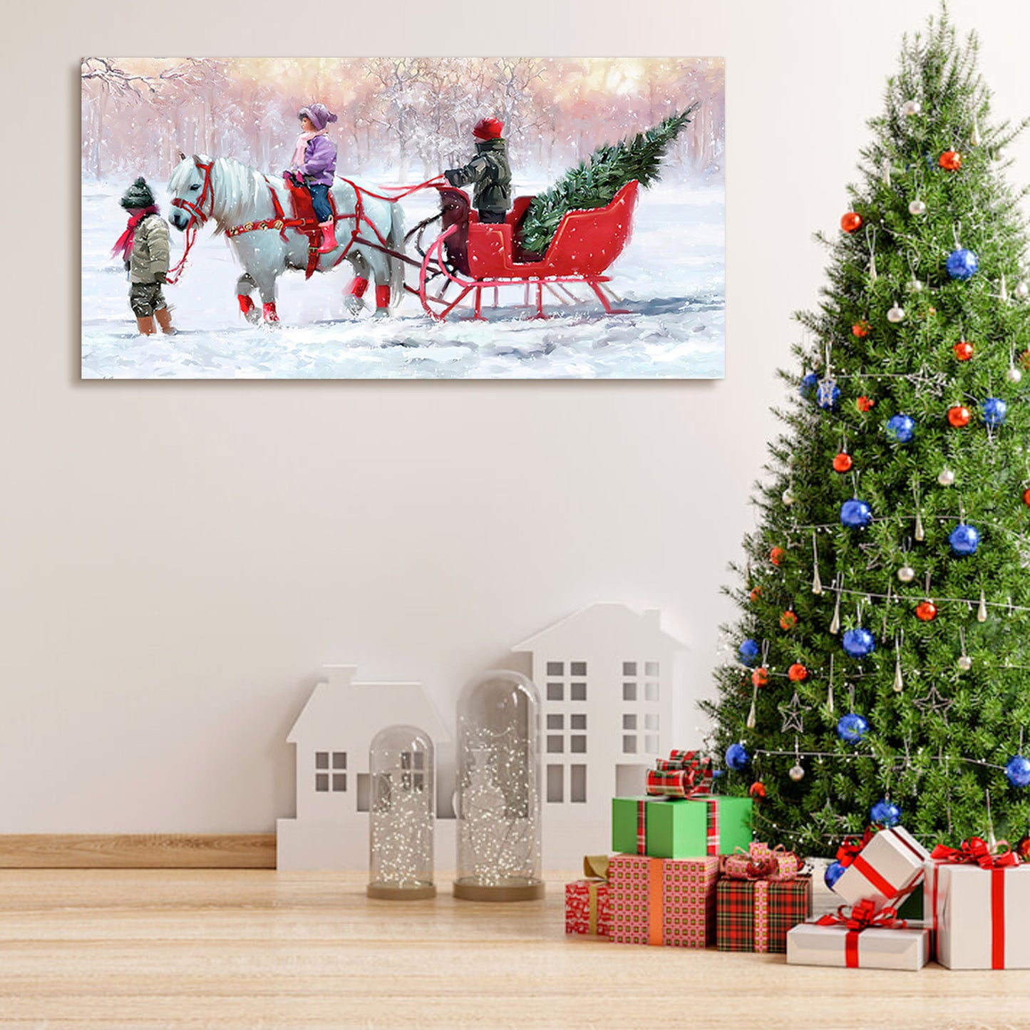 Framed Canvas Wall Art Decor Painting For Chrismas, Kids Riding White Horse Sledge Chrismas Gift Painting For Chrismas Gift, Decoration For Chrismas Eve Office Living Room, Bedroom Decor-Ready To Hang