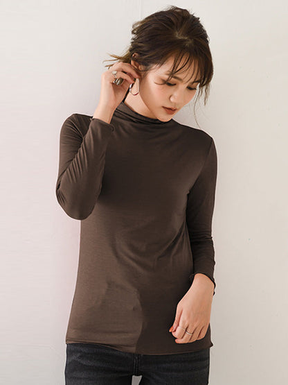 10 Colors Simple Solid Color Long Sleeves High-Neck T-Shirt Top by migunica