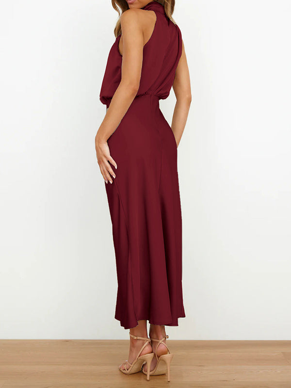 Sleeveless Solid Color Halter-Neck Midi Dresses by migunica