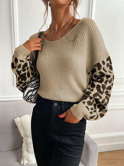 Loose Puff Sleeves Leopard Split-Joint V-Neck Sweater Tops by migunica